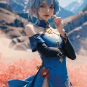 Ganyu，Genshin Impact，Blue girl in front of mountains.