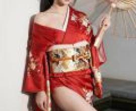 Cherry blossoms and kimonos，A woman holding an umbrella and wearing red clothing.
