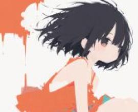 Afternoon，A young girl in an orange dress with black hair and bangs.
