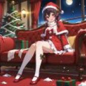 Christmas alone time，The girl is wearing a red dress.