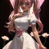 大森甜心，戴著粉紅色蝴蝶結、穿著粉紅色洋裝的動漫女孩。