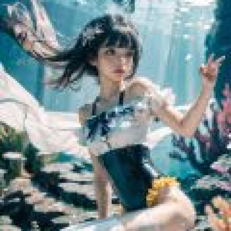 Mermaid，Anime girl with fish on top and in water.