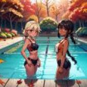Autumn Leaves Poolside Beauties - Free Bikini Wallpaper