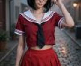 Red Temptation，A girl in a red school uniform with the collar up.
