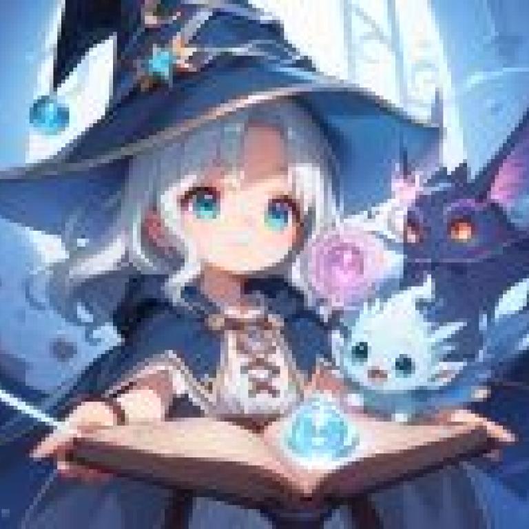 魔法書，一個女孩拿著一本打開的書，裡面有一個藍色的球和兩個生物。