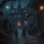 A dark and eerie alleywayA group of people walk down a street with a building in the background.