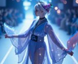 科技和服，一件帶有白色星星的藍色連身裙。