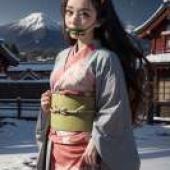 爐門祢豆子，鬼滅之刃，身著和服的女子，背景是山巒。