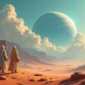 《朝聖》是一部科幻電影，畫面中兩個人站在一顆行星和雲層前。