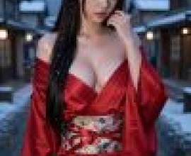 女孩們，一位身穿和服的女子沿著小路走著。