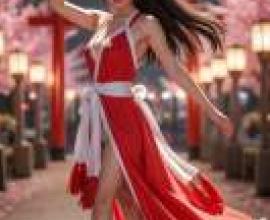 Shiranui Mai， 不知火舞，A girl with long brown hair dancing under a cherry blossom tree.