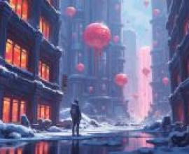 Invasion of the city，A man walking in the snow with giant red balls floating in front of buildings.
