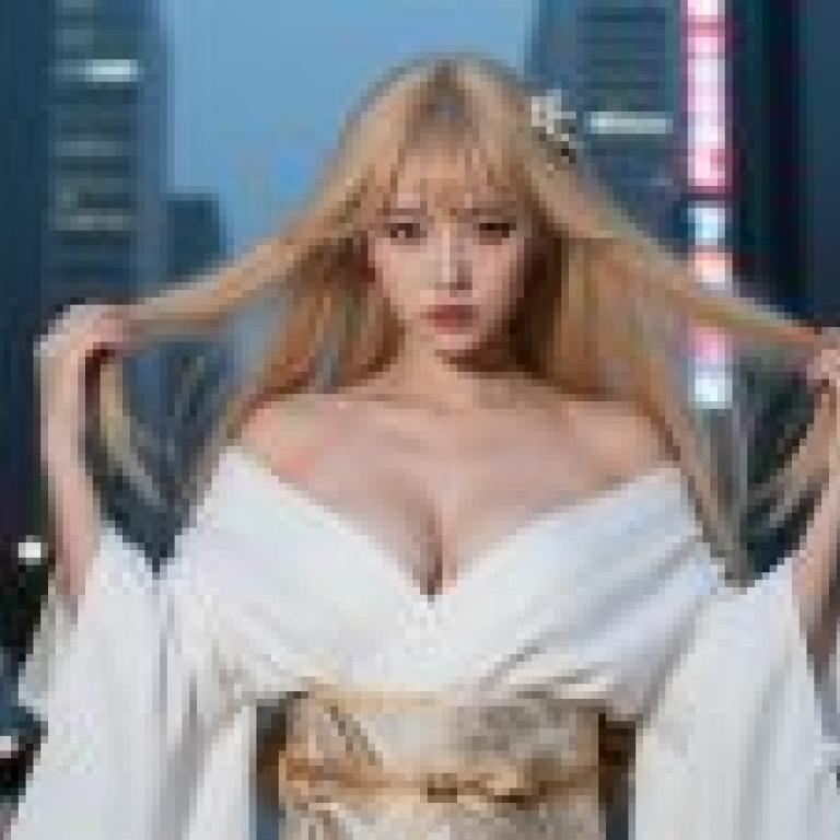 街頭攝影，金髮模特兒身穿白色長袍。