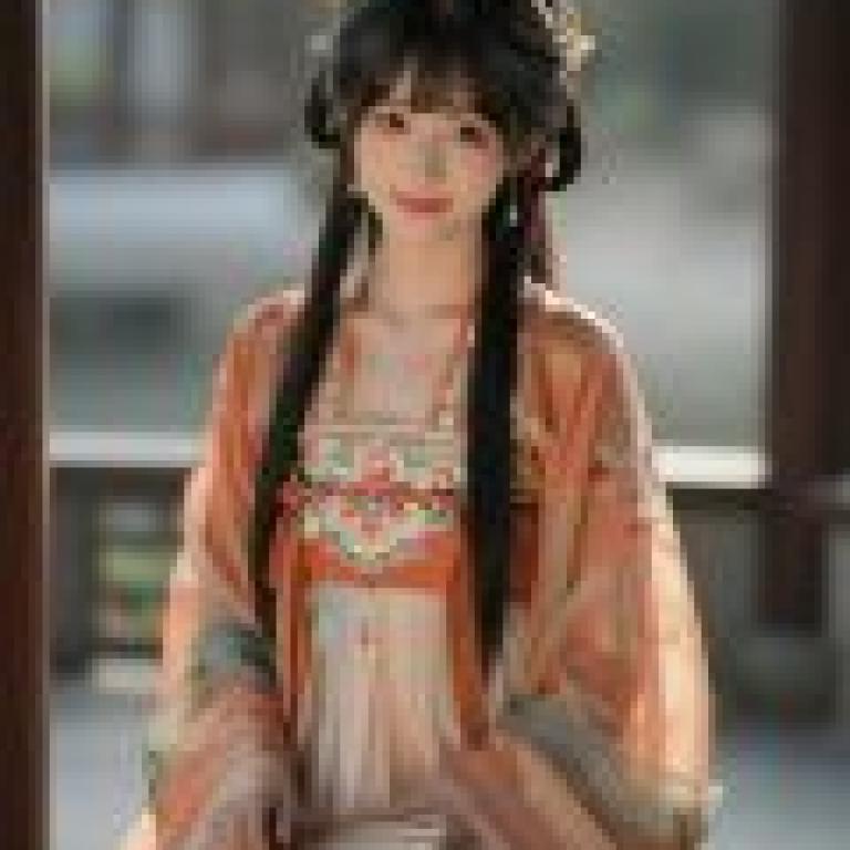 Ancient beauties in dreams，A woman is wearing an orange dress with red flowers on the side.