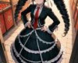 celestia ludenberg danganronpa，A cartoon girl in black dress with red tie and black bow standing on platform.