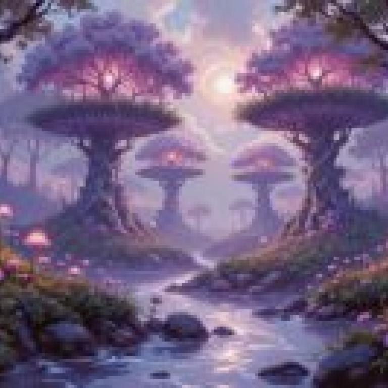 Fantasy Wilderness Illustration，A picture of a fairy tale with mushrooms under the moon and trees.