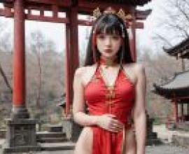 性感中國女孩，一位身穿紅色洋裝、戴珠寶的女子站在日本神社下。