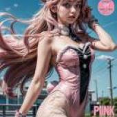 手機桌布，粉紅兔兔，寫實，穿著兔子服裝的女孩，為《Miniskunk》雜誌工作。