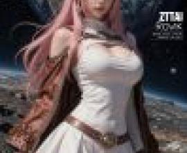 parallel，A girl with pink hair and a white outfit posing in front of a planet.