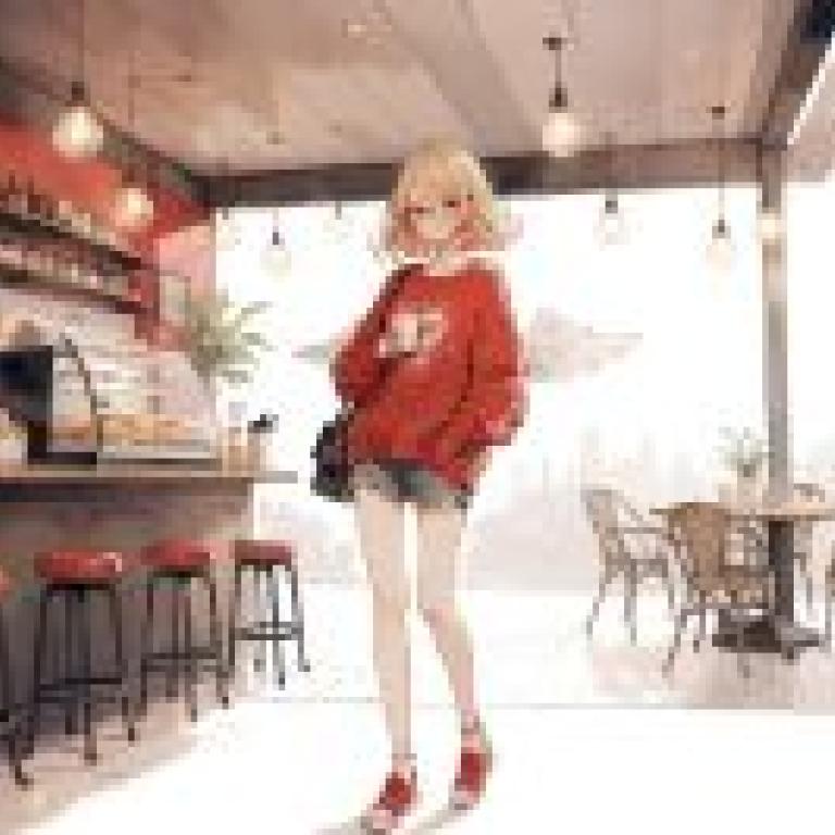 Anime girl，A girl standing in a cafe.
