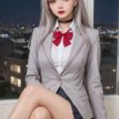 Alisa Mikhailovna Alya Kujou，一個身穿銀黑色套裝的金髮女孩站在窗前。