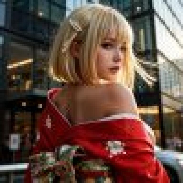 Beautiful photographer，A woman with blonde hair is wearing a kimono.