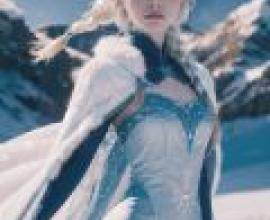 《冰雪奇緣》中的艾莎，一個金髮碧眼、穿著藍色連身裙的女孩。
