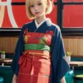 Chisato Nishikigi Lycoris Recoil，A woman with blonde hair wearing traditional Japanese clothing
