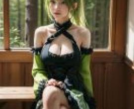 Rena Wind Sneaker Grand Archer ELSWORDGreen haired woman in black and green dress sitting on bench.