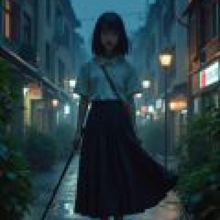sword girl，一個身穿白襯衫和藍裙子的女孩，拿著一把傘。
