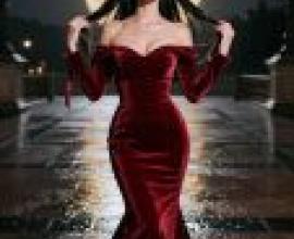 Magazine cover，A red dress with long sleeves and a flower in the hair.