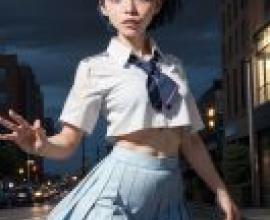 Yuu 超級真實麻將藍髮女孩在月光下漫步。