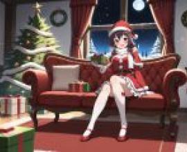 Christmas alone time，Girl is sitting on red couch.