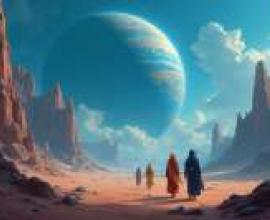 朝聖之旅，一幅描繪三個人在沙漠中行走的藝術畫作。