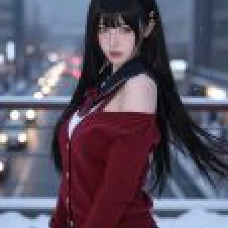 我最喜歡的長輩是一位留著黑色長髮、穿著紅色毛衣的女士，她站在雪地裡。