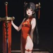 旗袍與中國式巨劍，一位身著紅衣的女子手持寶劍。