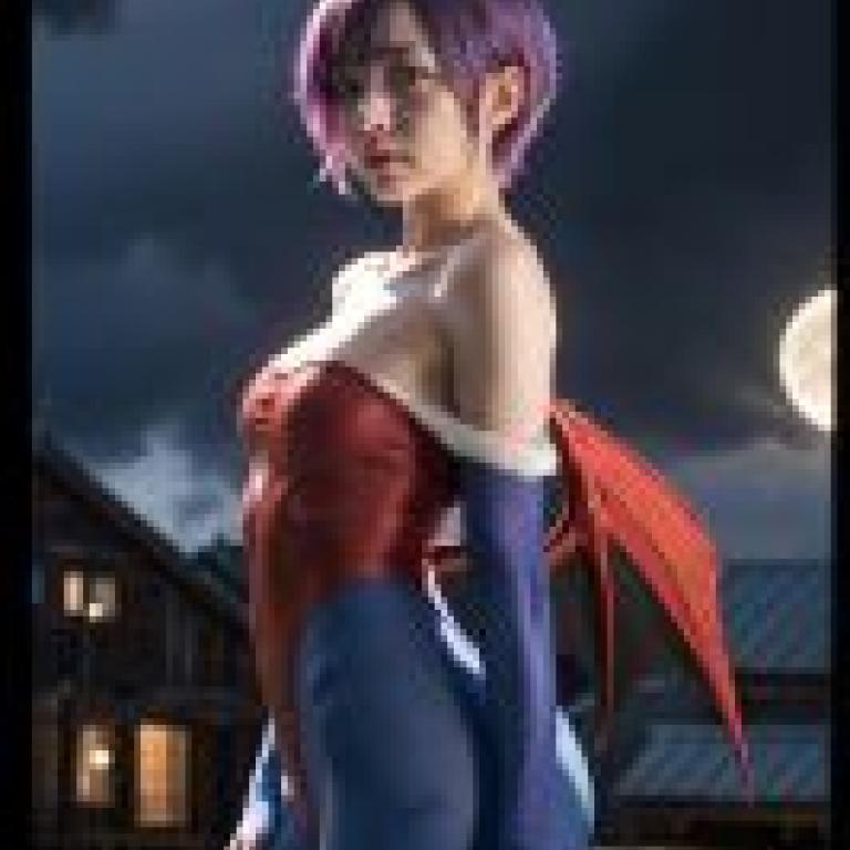 Lilith Aensland DarkstalkersA girl wearing a red and blue dress with a purple wig.