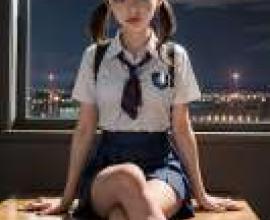 Shizuka Minamoto 源靜香，一位坐在書桌前，看著鏡頭的少女。