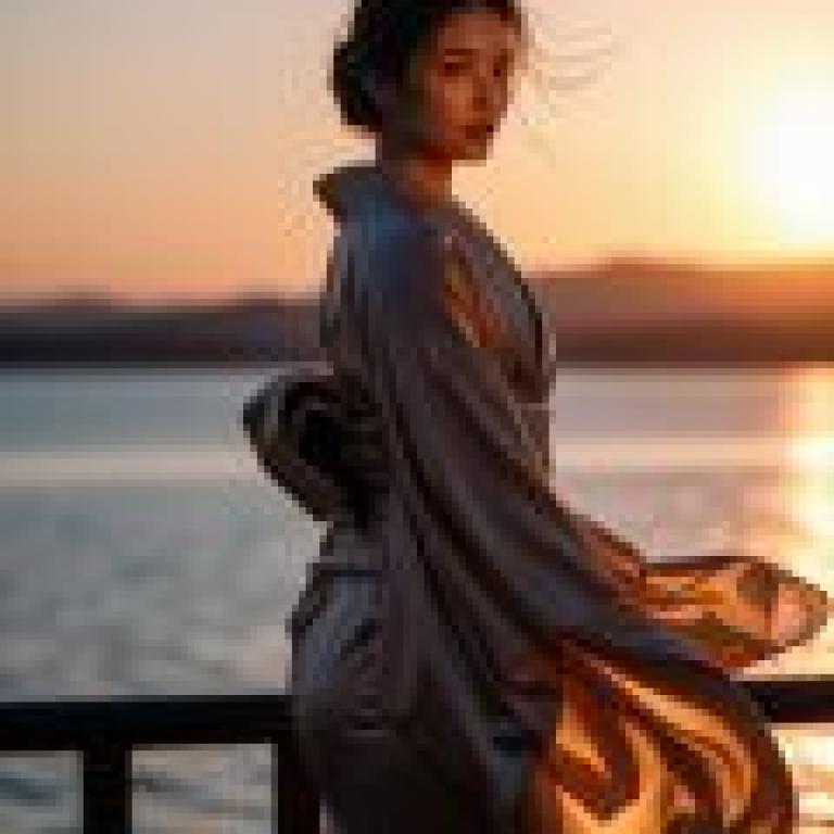 夕陽下的最後告別，一位穿著和服的女子凝望著落日。