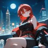 Under the moon，A woman is sitting on a bench at night.