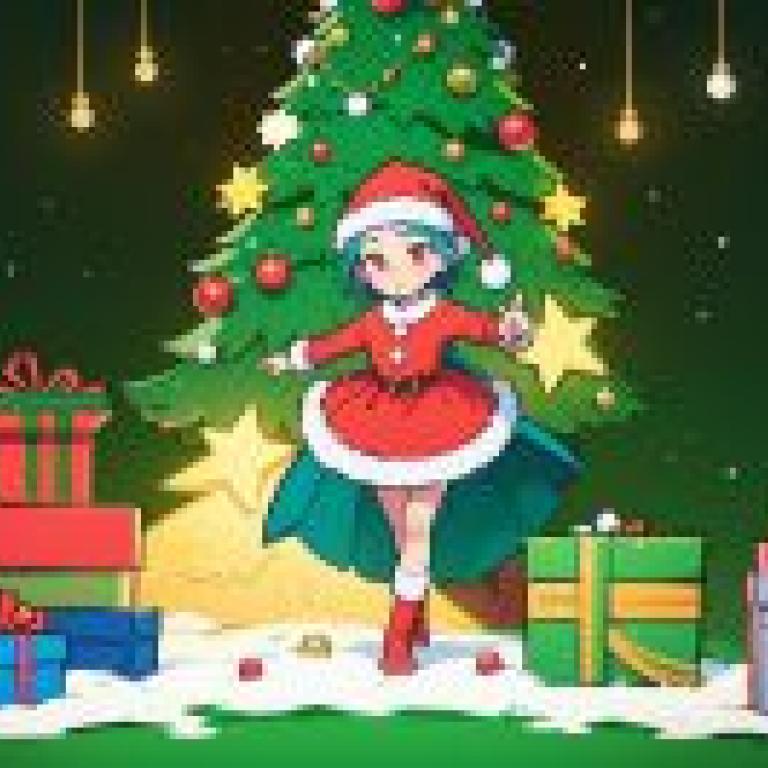 Polychrome，A blue-haired girl wearing a Santa hat and dress， in front of a Christmas tree.