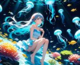 水下場景：一個女孩坐在海裡，旁邊有幾隻水母。