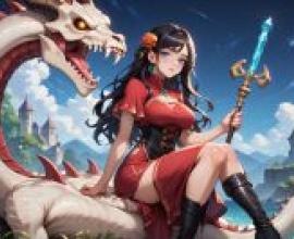 dragon girl，長髮女孩，身穿紅色連身裙，手持寶劍，坐在恐龍身上。