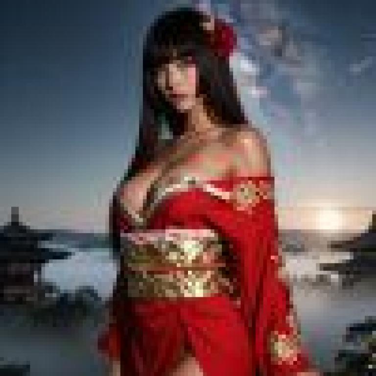 和服，身穿紅色和服、繫著領結、穿著緊身褲的亞洲女性。