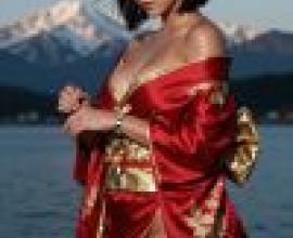 girls，A young girl wearing a red dress standing in front of water and mountains.