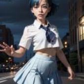 Yuu 超級真實麻將藍髮女孩在月光下漫步。