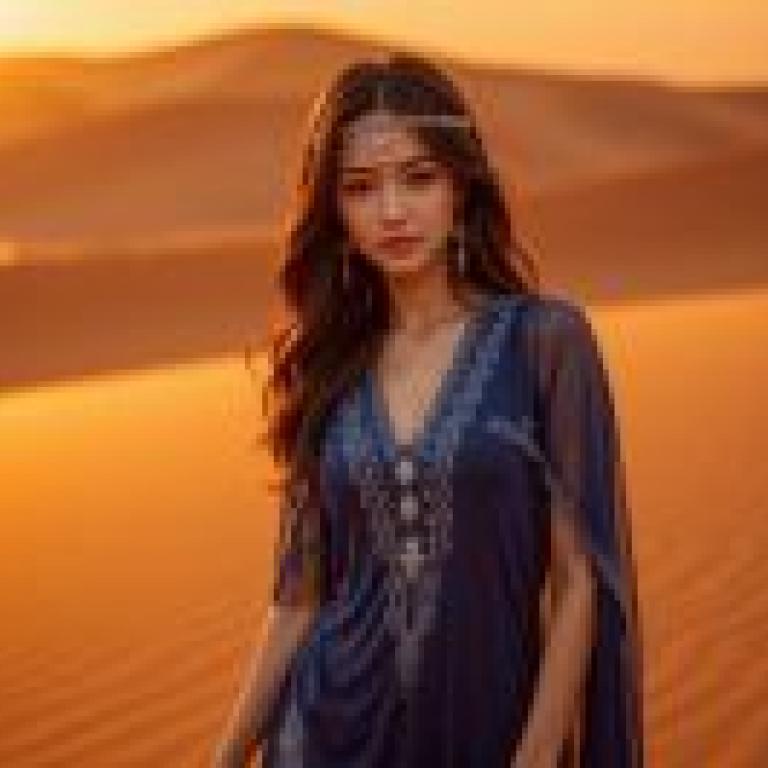Desert FantasyA woman in a blue dress standing on sand.