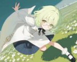 綠草地上一個美麗的夢境，卡通女孩伸出了手臂。