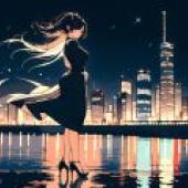 80年代漫畫女孩，夜晚，建築物前的女人，頭髮飄揚。