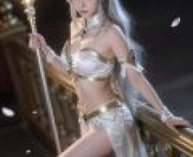 Goddess s Grace，A girl wearing a white dress with gold accents and blue beaded necklaces holding a crystal ball.